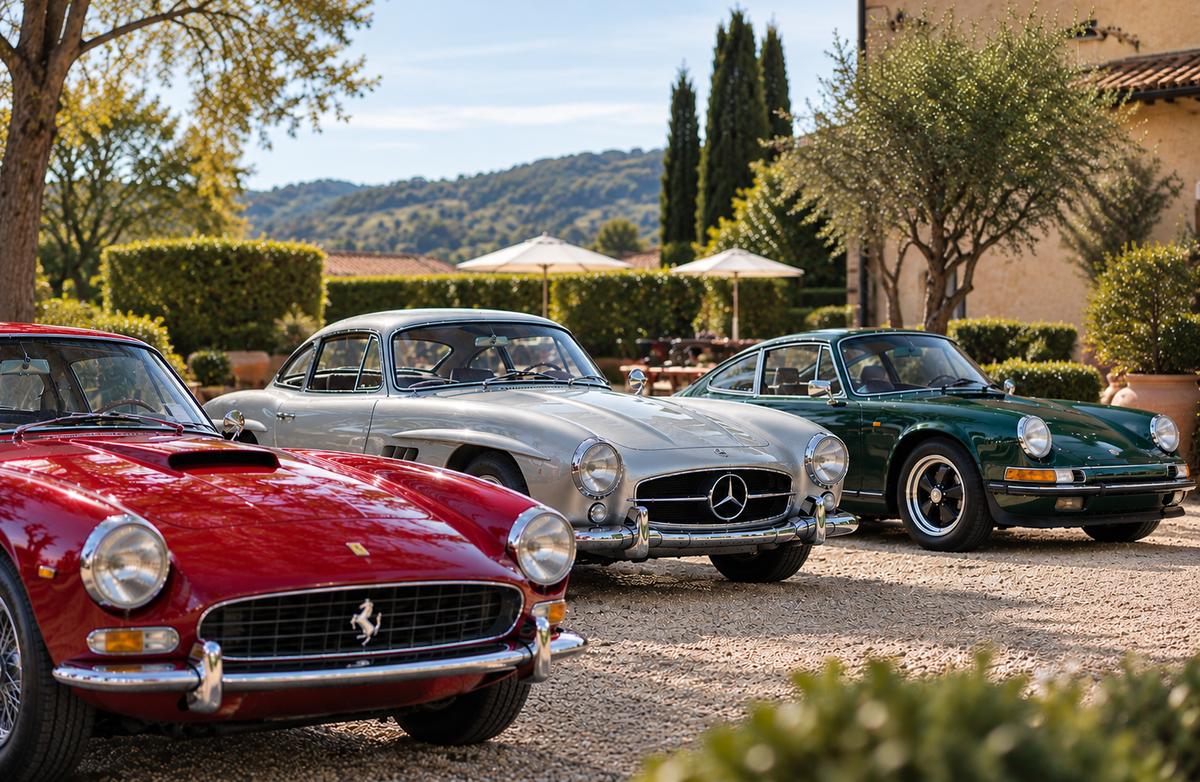 Classic collector cars displayed at an outdoor automotive gathering